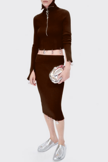Ortiza Metal Embellished Knit Top & Midi Skirt Set - Brown