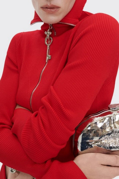 Ortiza Metal Embellished Knit Top & Midi Skirt Set - Red