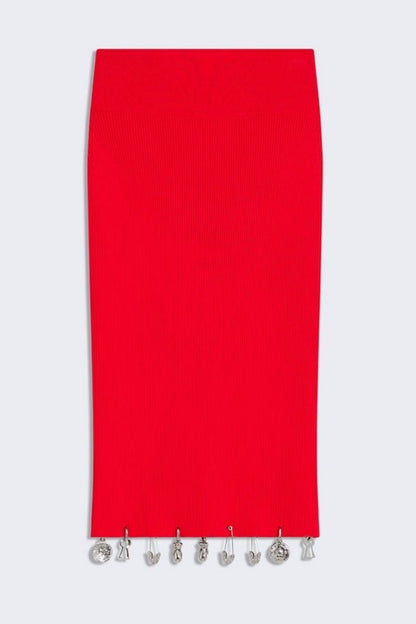 Ortiza Metal Embellished Knit Top & Midi Skirt Set - Red