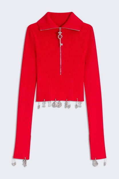 Ortiza Metal Embellished Knit Top & Midi Skirt Set - Red