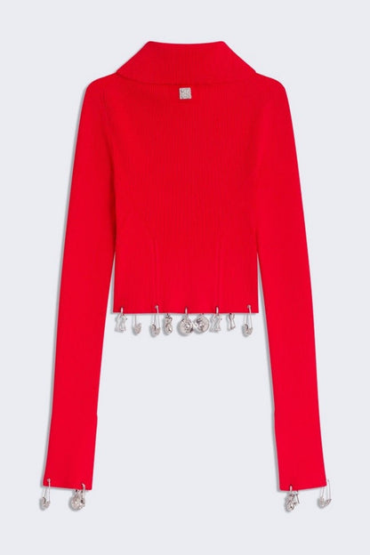 Ortiza Metal Embellished Knit Top & Midi Skirt Set - Red