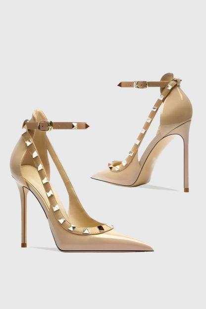 Osanya Rivet Embellished Strap Cutout Pumps  - Nude