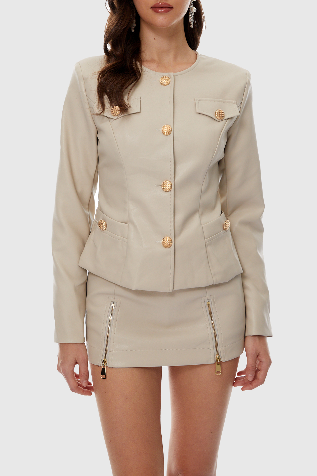 Osian Buttoned Leather Jacket - Beige