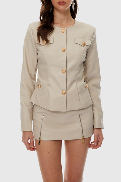 Osian Buttoned Leather Jacket - Beige