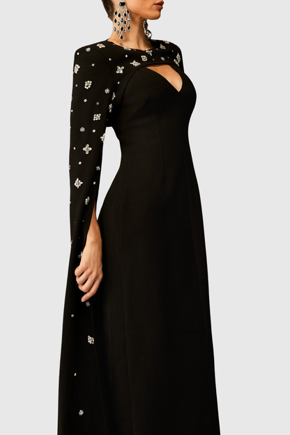 Oslo Crystal Embellished Heart Cutout Cape Sleeve Maxi Dress - Black