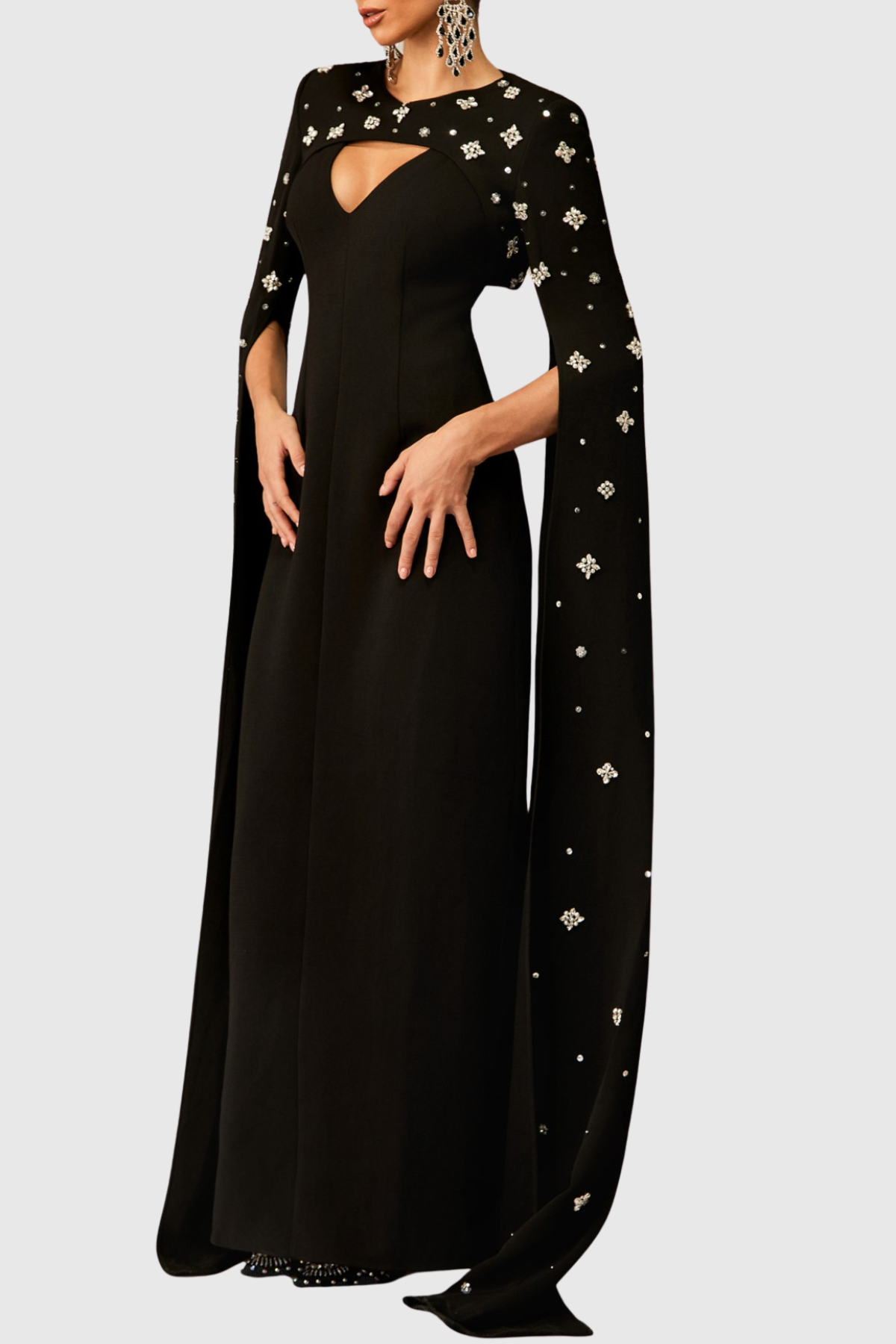 Oslo Crystal Embellished Heart Cutout Cape Sleeve Maxi Dress - Black