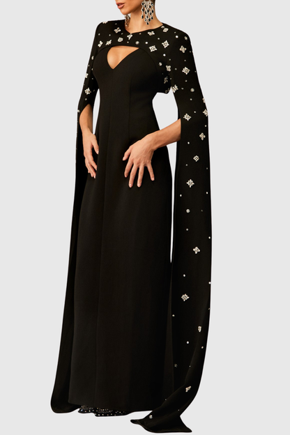 Oslo Crystal Embellished Heart Cutout Cape Sleeve Maxi Dress - Black