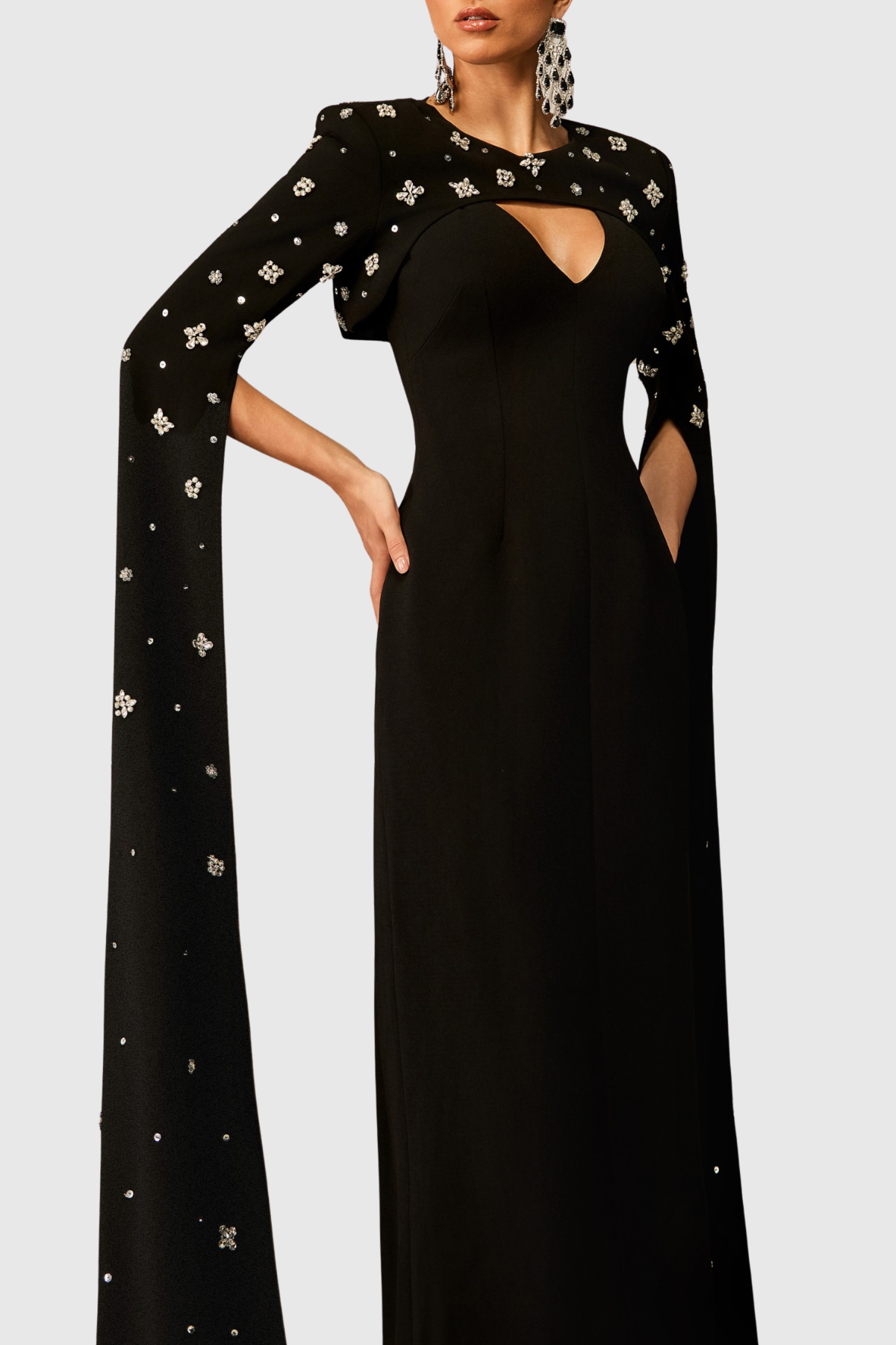 Oslo Crystal Embellished Heart Cutout Cape Sleeve Maxi Dress - Black