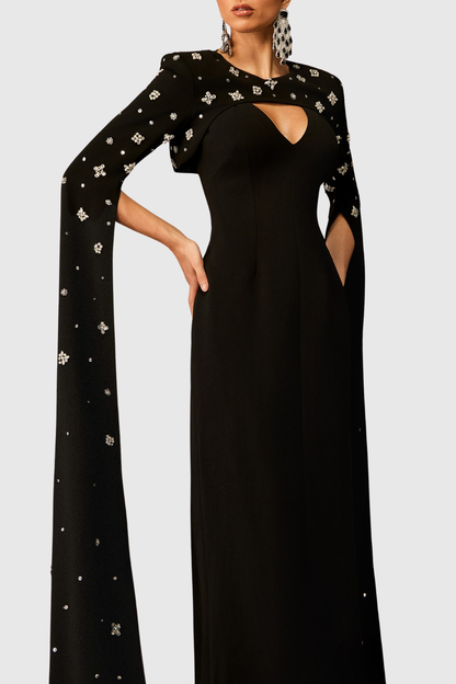 Oslo Crystal Embellished Heart Cutout Cape Sleeve Maxi Dress - Black