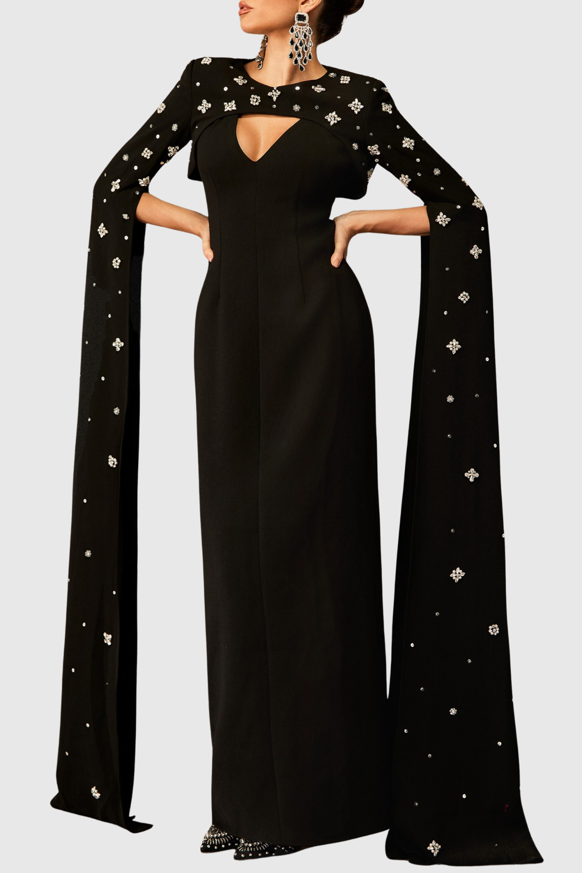 Oslo Crystal Embellished Heart Cutout Cape Sleeve Maxi Dress - Black