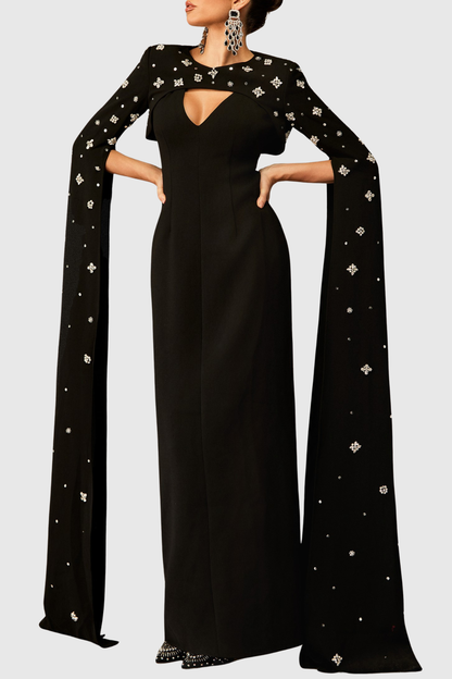 Oslo Crystal Embellished Heart Cutout Cape Sleeve Maxi Dress - Black