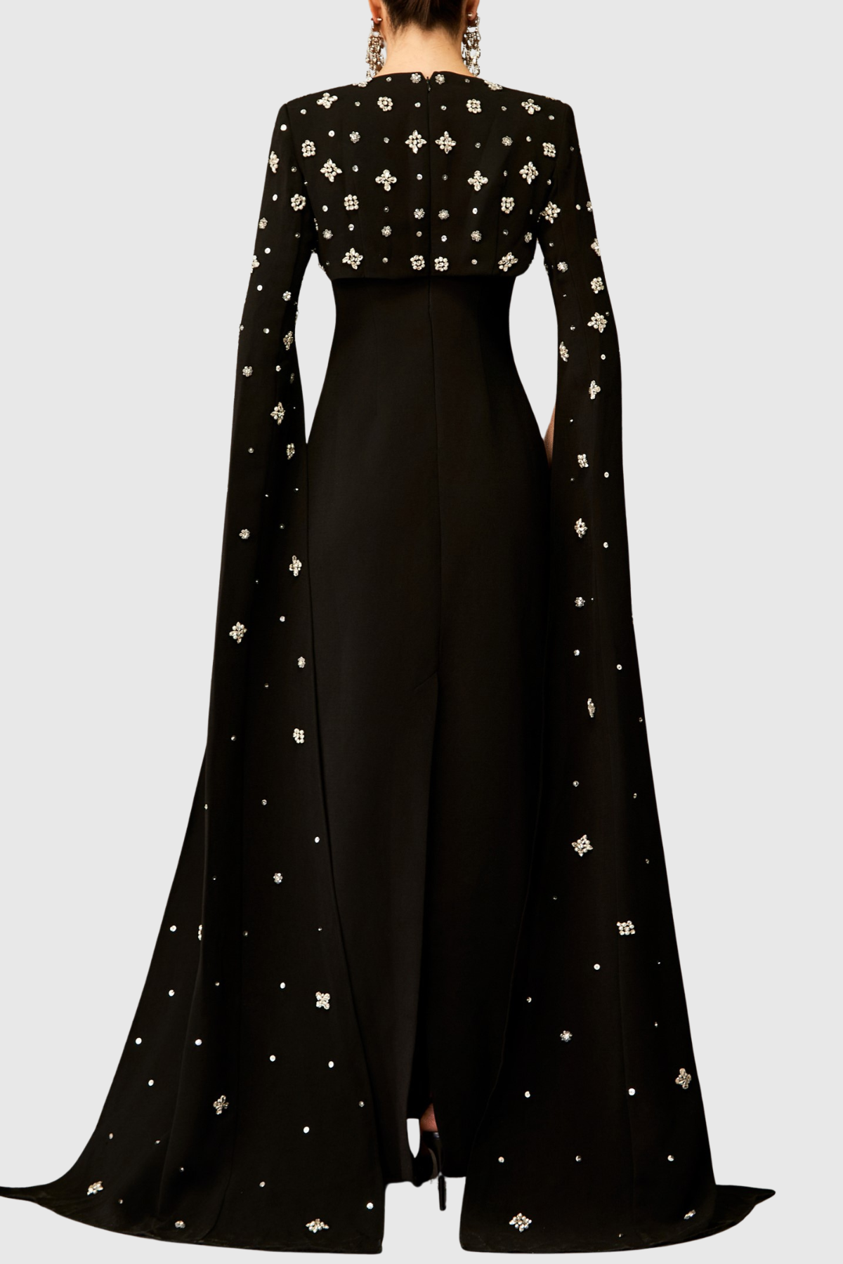 Oslo Crystal Embellished Heart Cutout Cape Sleeve Maxi Dress - Black