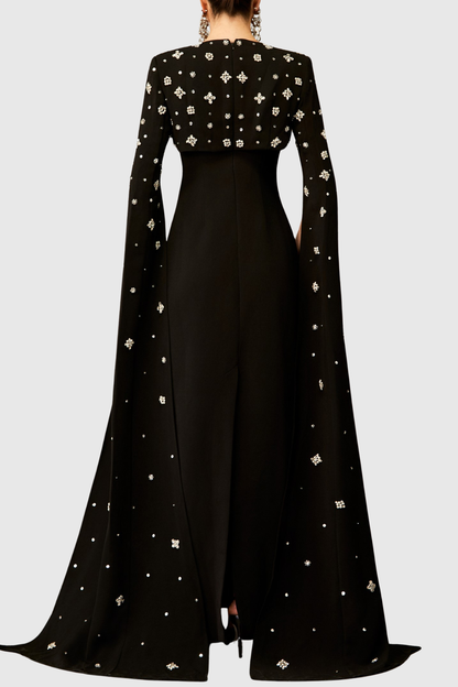 Oslo Crystal Embellished Heart Cutout Cape Sleeve Maxi Dress - Black