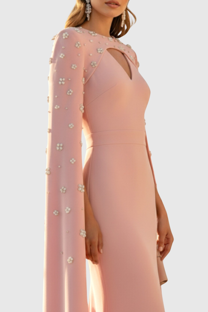 Oslo Crystal Embellished Heart Cutout Cape Sleeve Maxi Dress - Pink