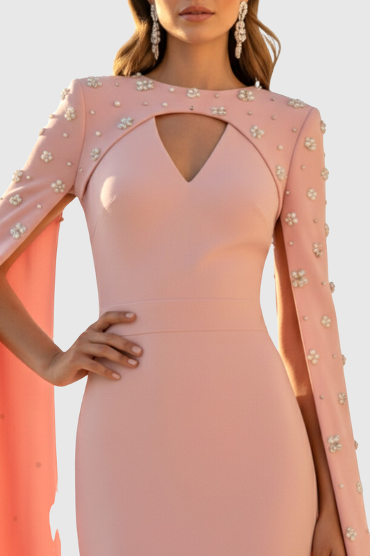 Oslo Crystal Embellished Heart Cutout Cape Sleeve Maxi Dress - Pink