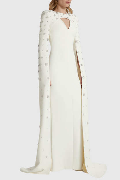 Oslo Crystal Embellished Heart Cutout Cape Sleeve Maxi Dress - White