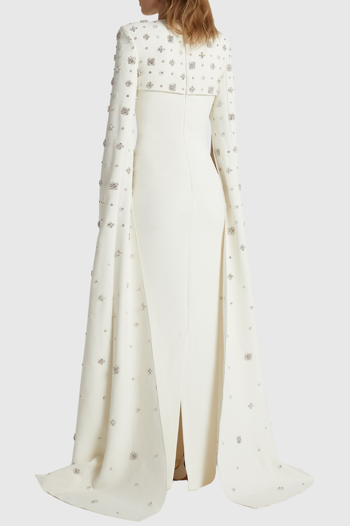 Oslo Crystal Embellished Heart Cutout Cape Sleeve Maxi Dress - White