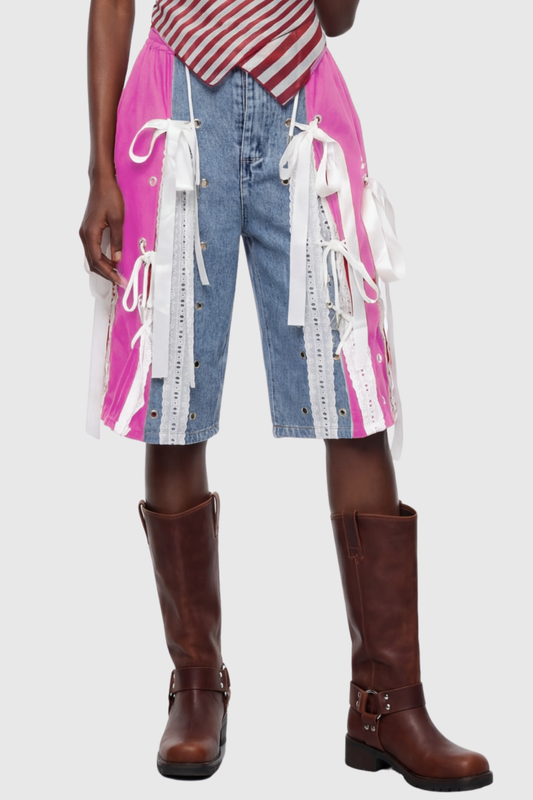 Ossie Bow Panel Midi Jeans - Pink