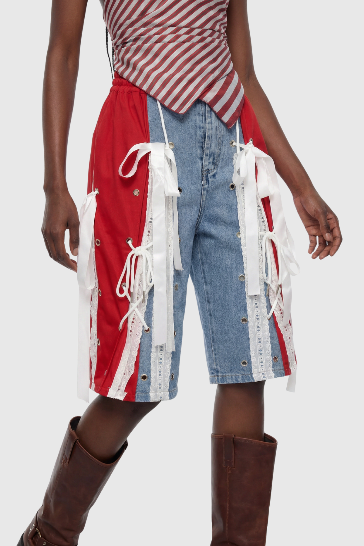 Ossie Bow Panel Midi Jeans - Red