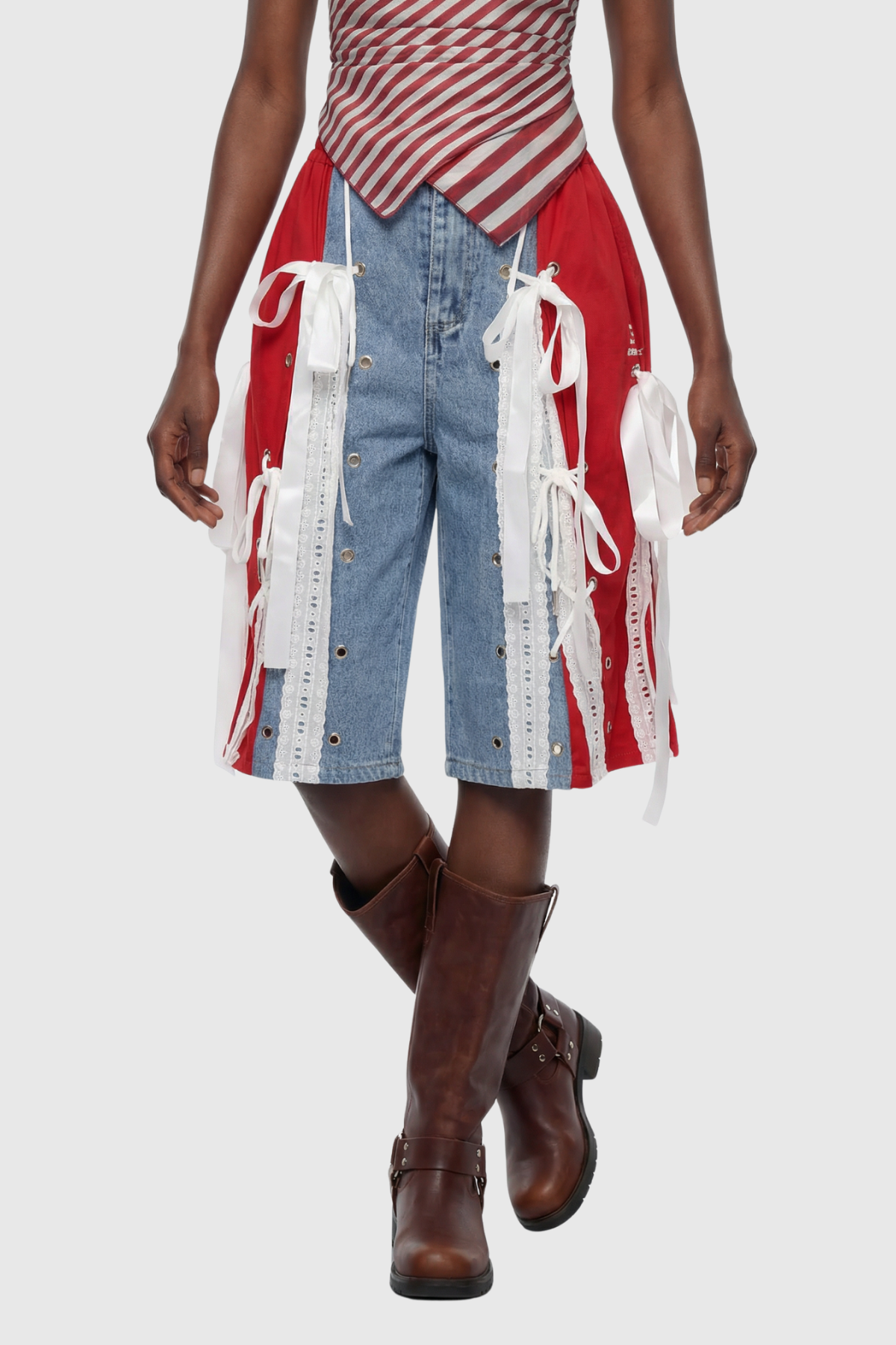 Ossie Bow Panel Midi Jeans - Red