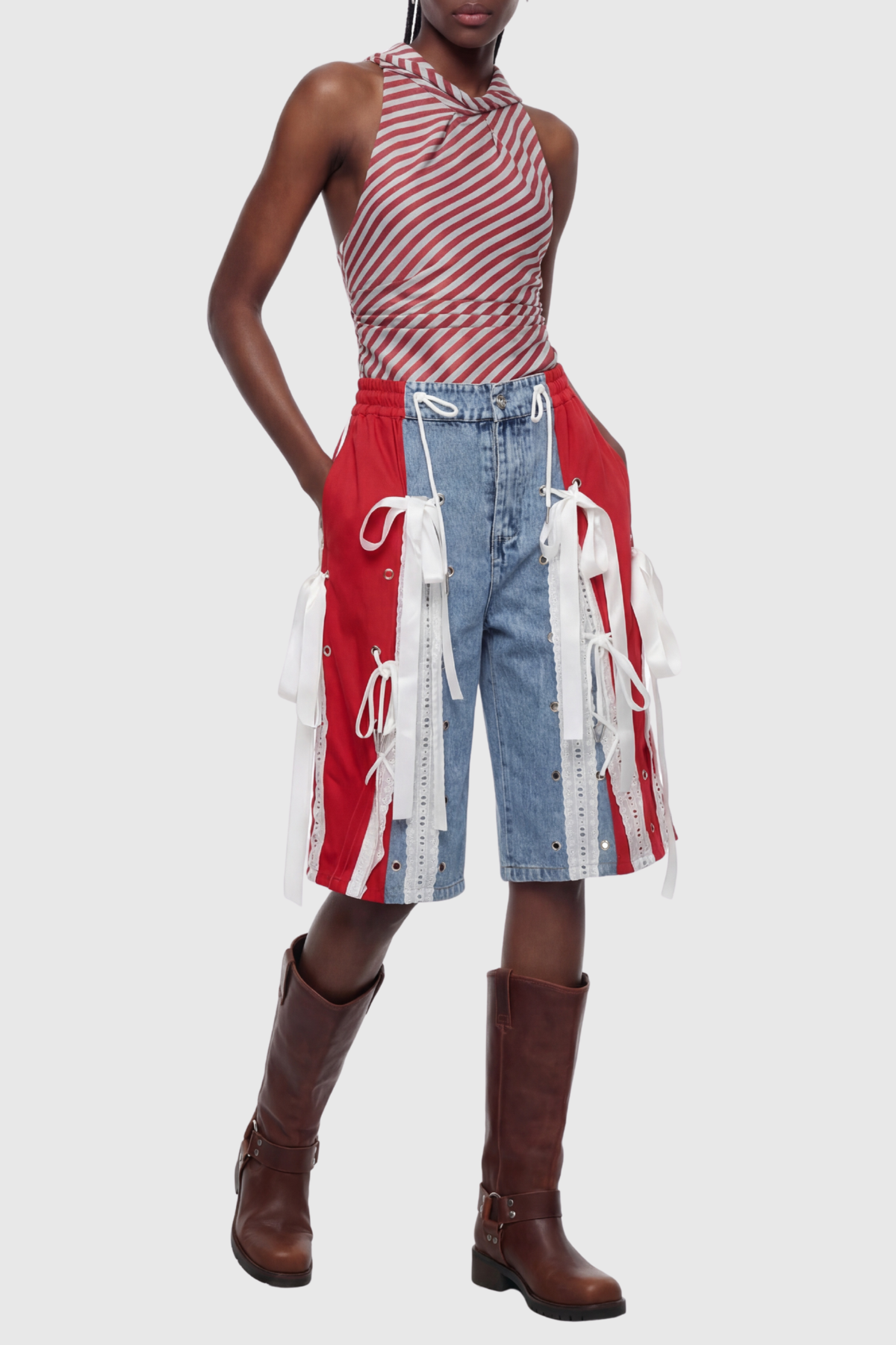 Ossie Bow Panel Midi Jeans - Red