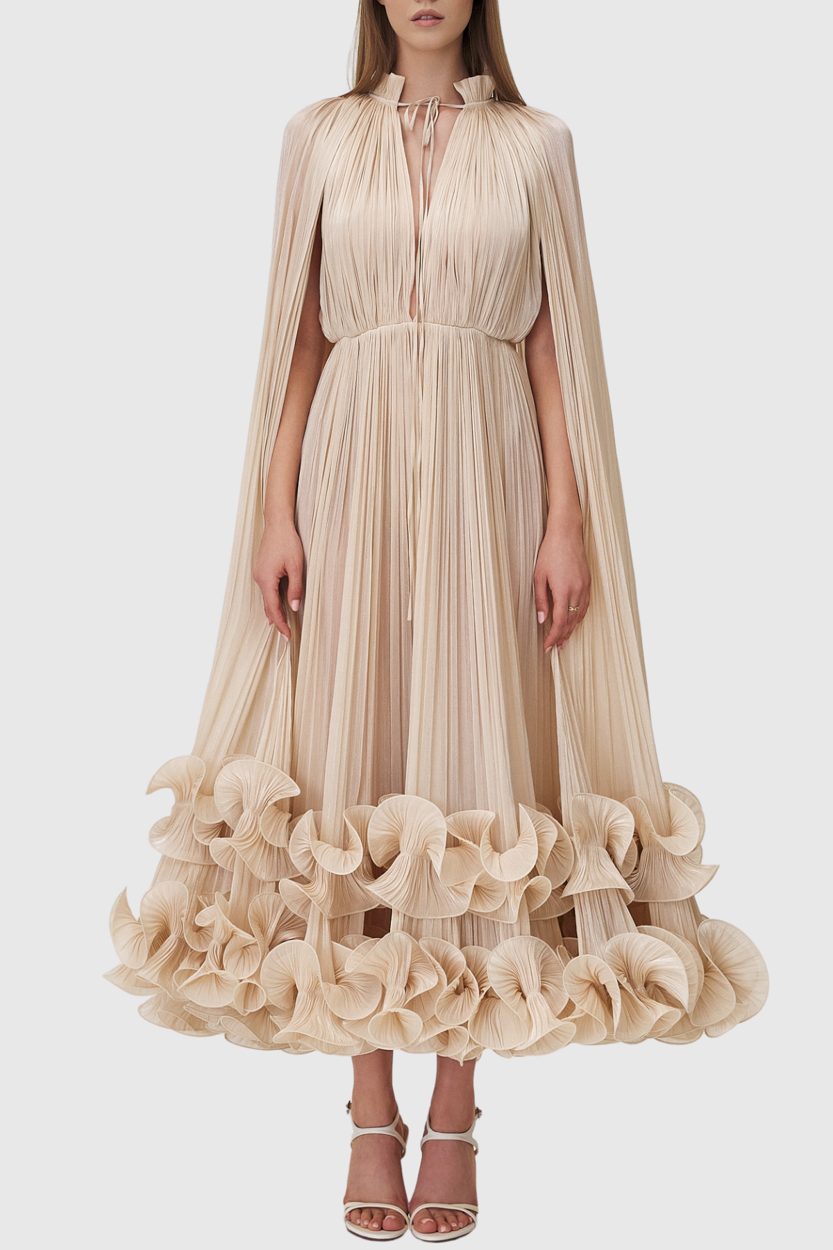 Othniel Cape Ruffle Midi Dress - Beige