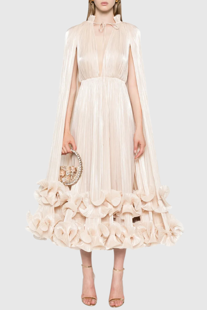 Othniel Cape Ruffle Midi Dress - Beige