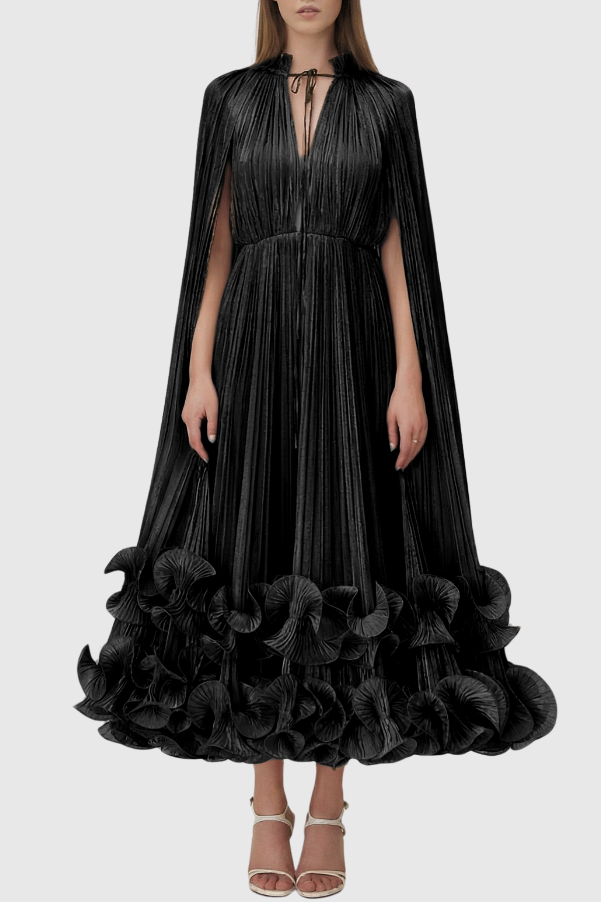 Othniel Cape Ruffle Midi Dress - Black