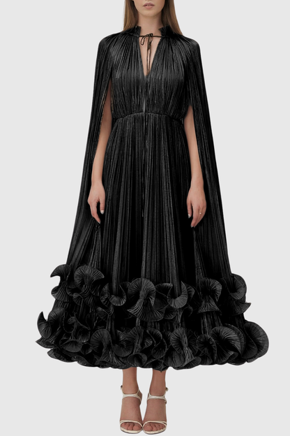Othniel Cape Ruffle Midi Dress - Black