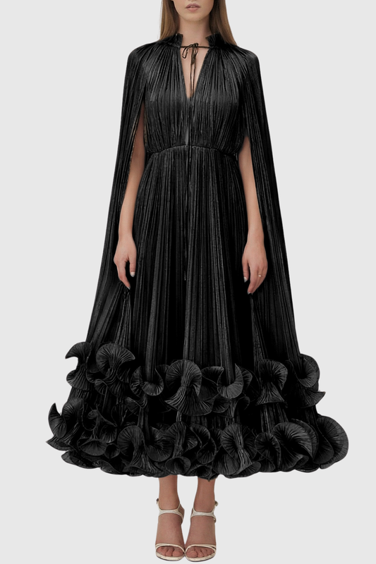 Othniel Cape Ruffle Midi Dress - Black