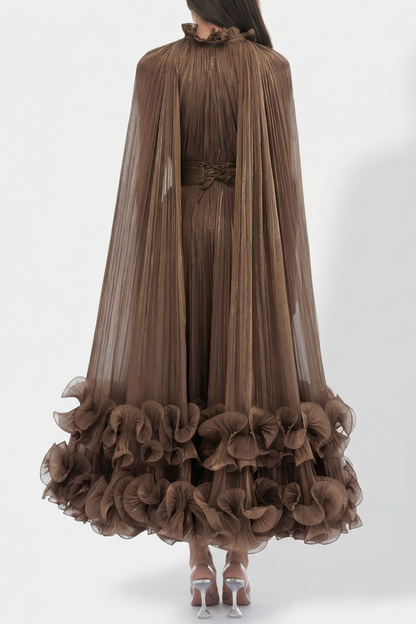 Othniel Cape Ruffle Midi Dress - Brown