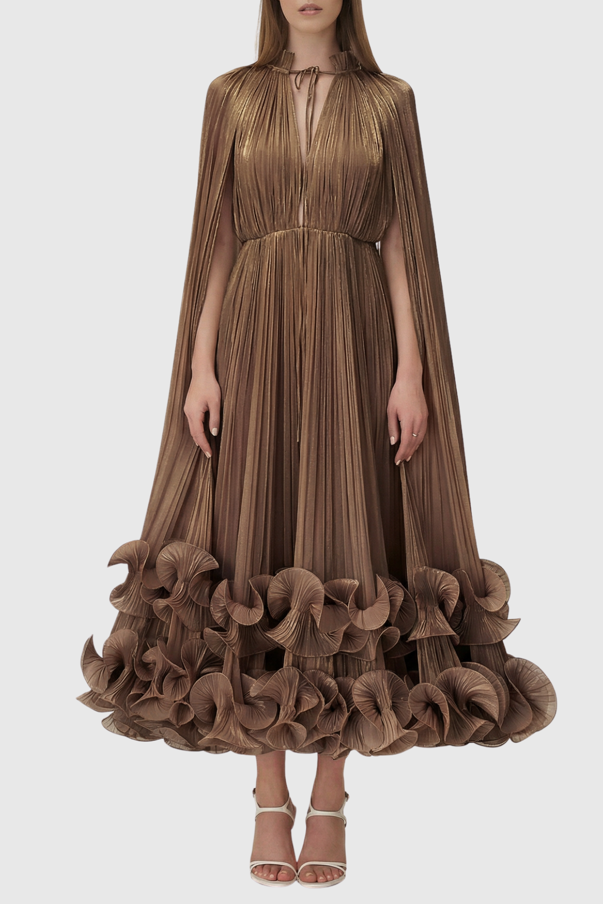 Othniel Cape Ruffle Midi Dress - Brown