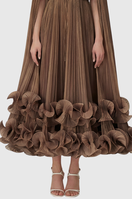 Othniel Cape Ruffle Midi Dress - Brown