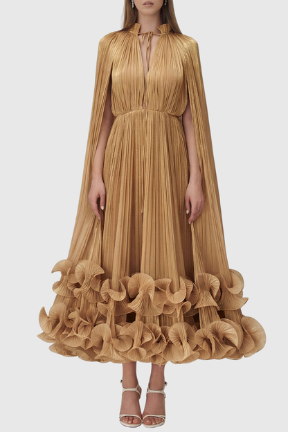 Othniel Cape Ruffle Midi Dress - Gold