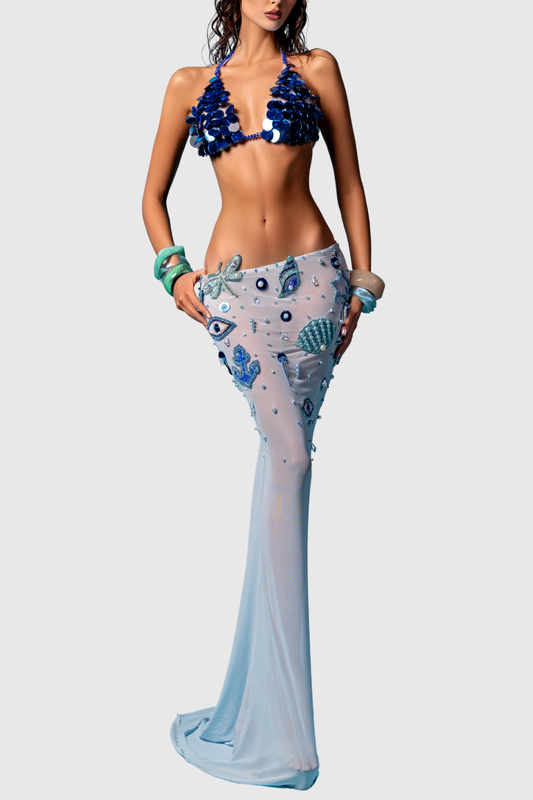 Ottolia Pearl Sequin Bra & Maxi Skirt Set