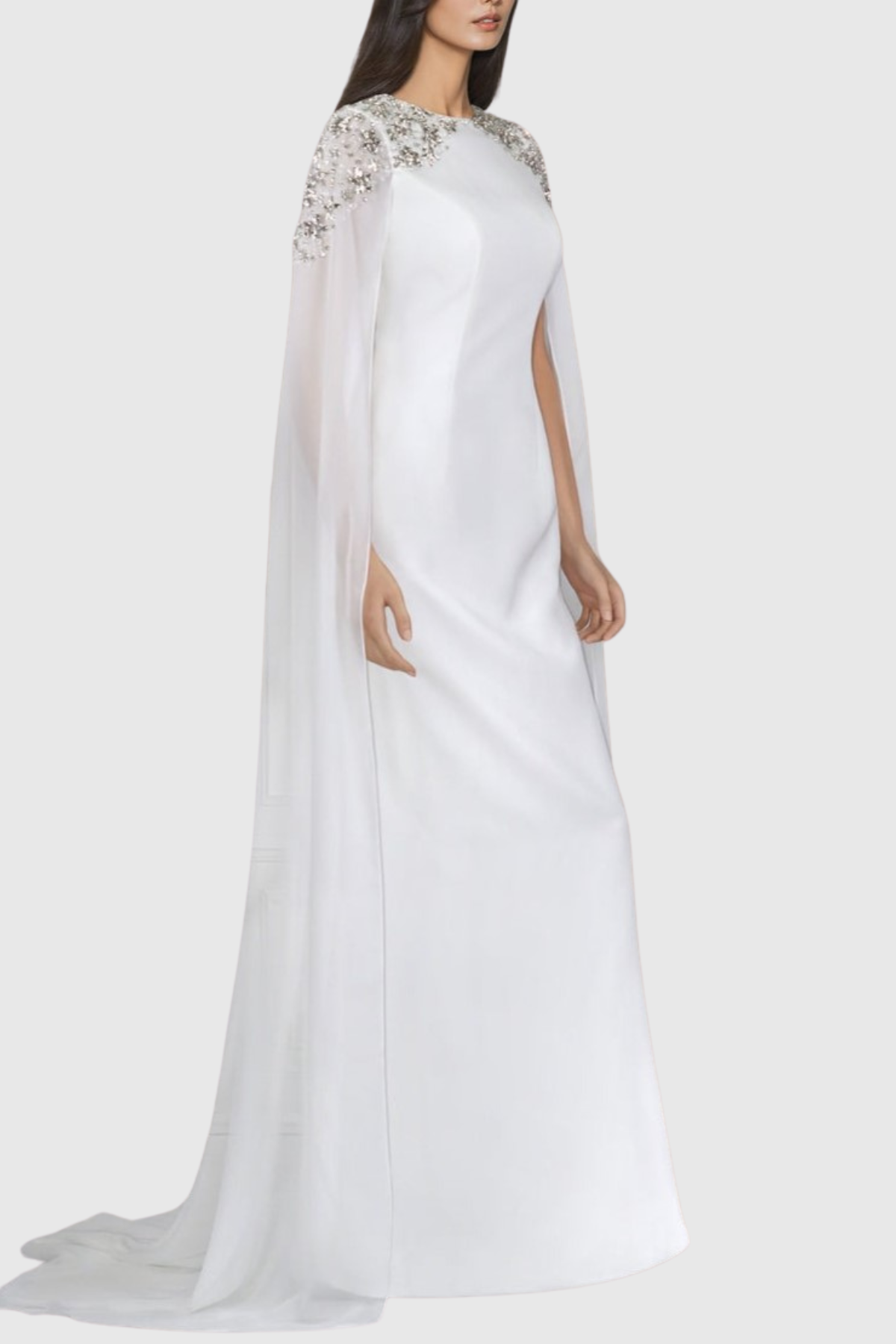 Ozuru Diamante Embellished Cape Sleeves Maxi Dress - White