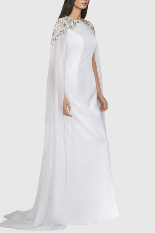 Ozuru Diamante Embellished Cape Sleeves Maxi Dress - White
