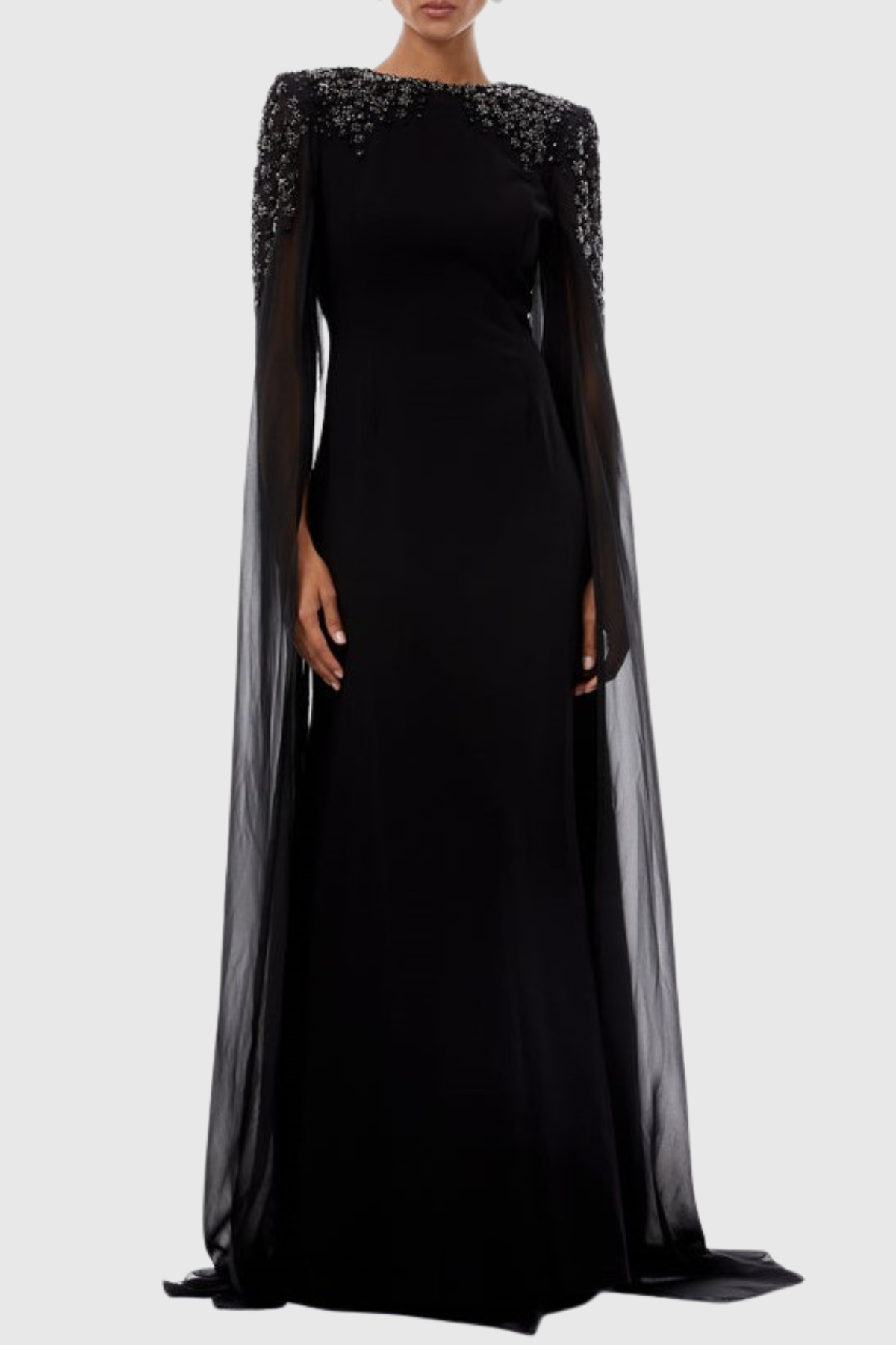 Ozuru Diamante Embellished Cape Sleeves Maxi Dress - Black