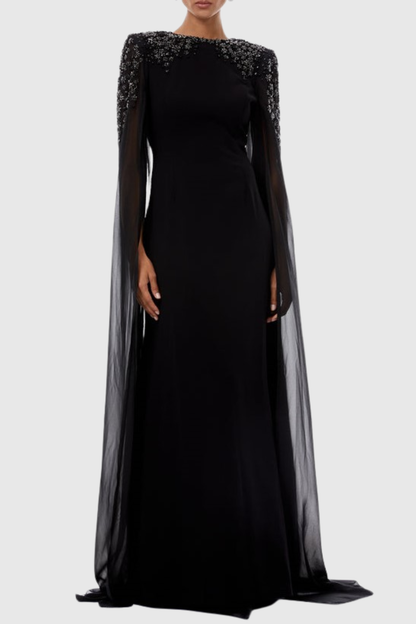 Ozuru Diamante Embellished Cape Sleeves Maxi Dress - Black