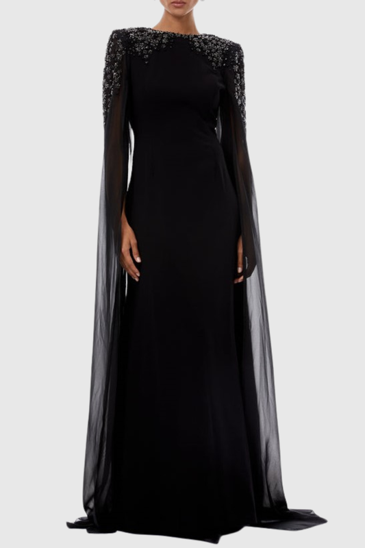 Ozuru Diamante Embellished Cape Sleeves Maxi Dress - Black
