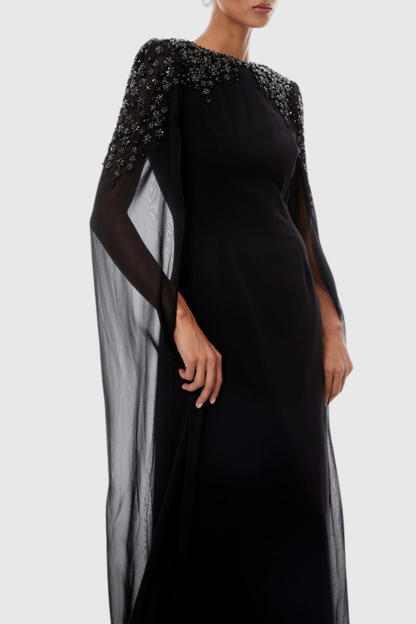 Ozuru Diamante Embellished Cape Sleeves Maxi Dress - Black