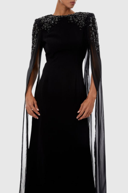 Ozuru Diamante Embellished Cape Sleeves Maxi Dress - Black