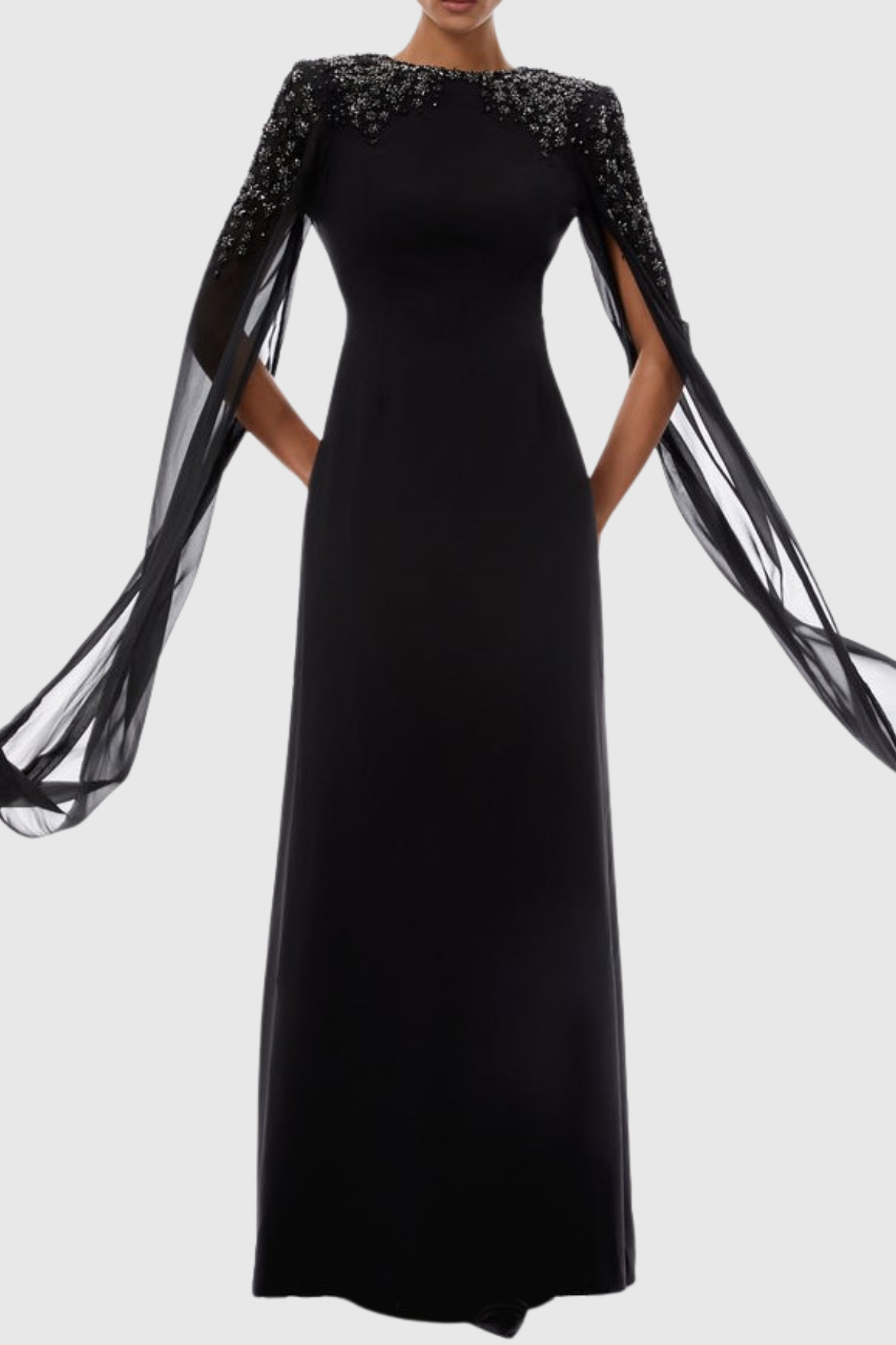 Ozuru Diamante Embellished Cape Sleeves Maxi Dress - Black