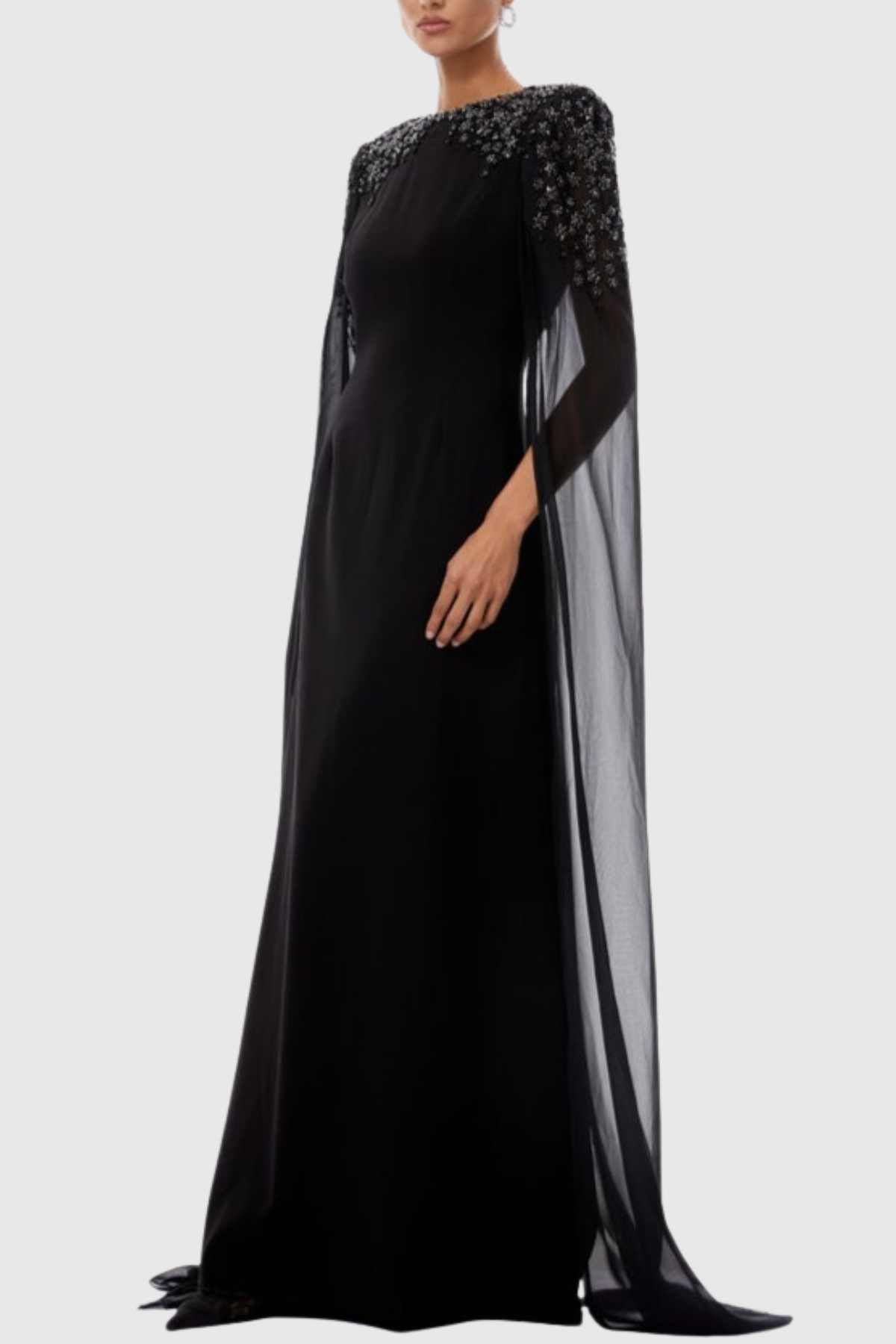 Ozuru Diamante Embellished Cape Sleeves Maxi Dress - Black