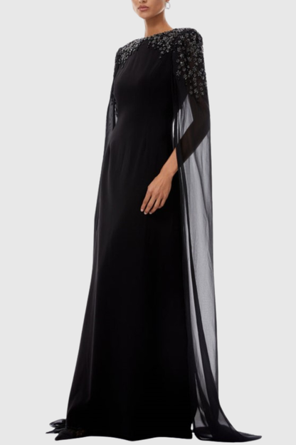 Ozuru Diamante Embellished Cape Sleeves Maxi Dress - Black