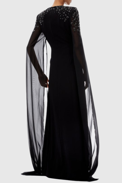 Ozuru Diamante Embellished Cape Sleeves Maxi Dress - Black