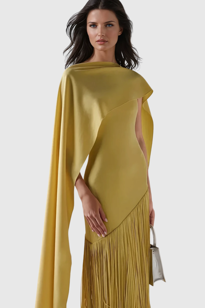 Pacifia Fringe Shawl Maxi Dress - Yellow