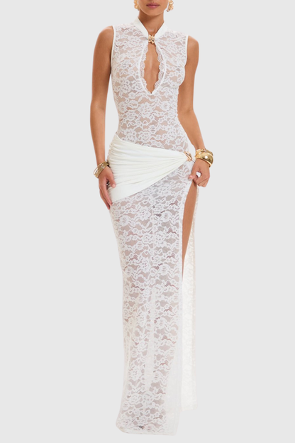 Pakana Lace Cutout Split Maxi Dress - White