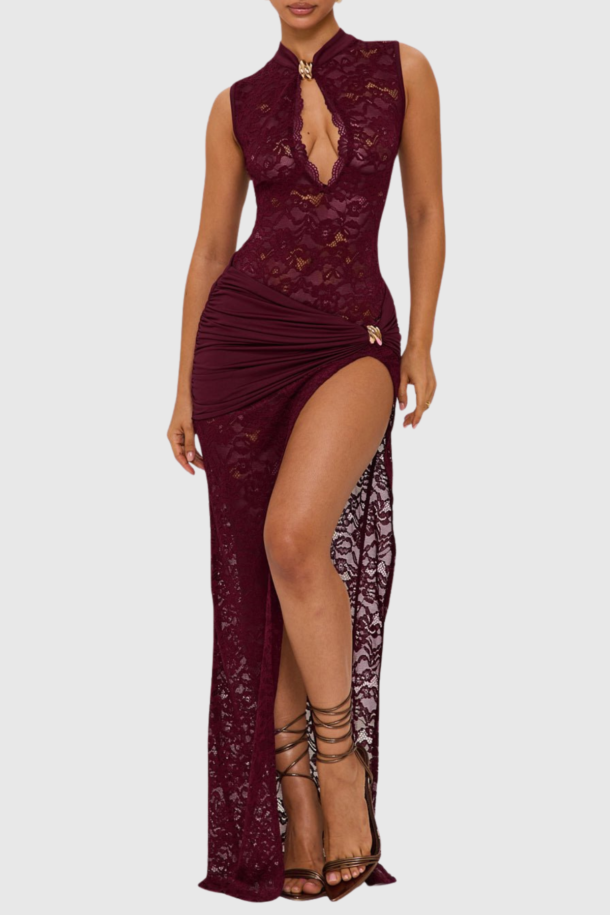 Pakana Lace Cutout Split Maxi Dress - Wine