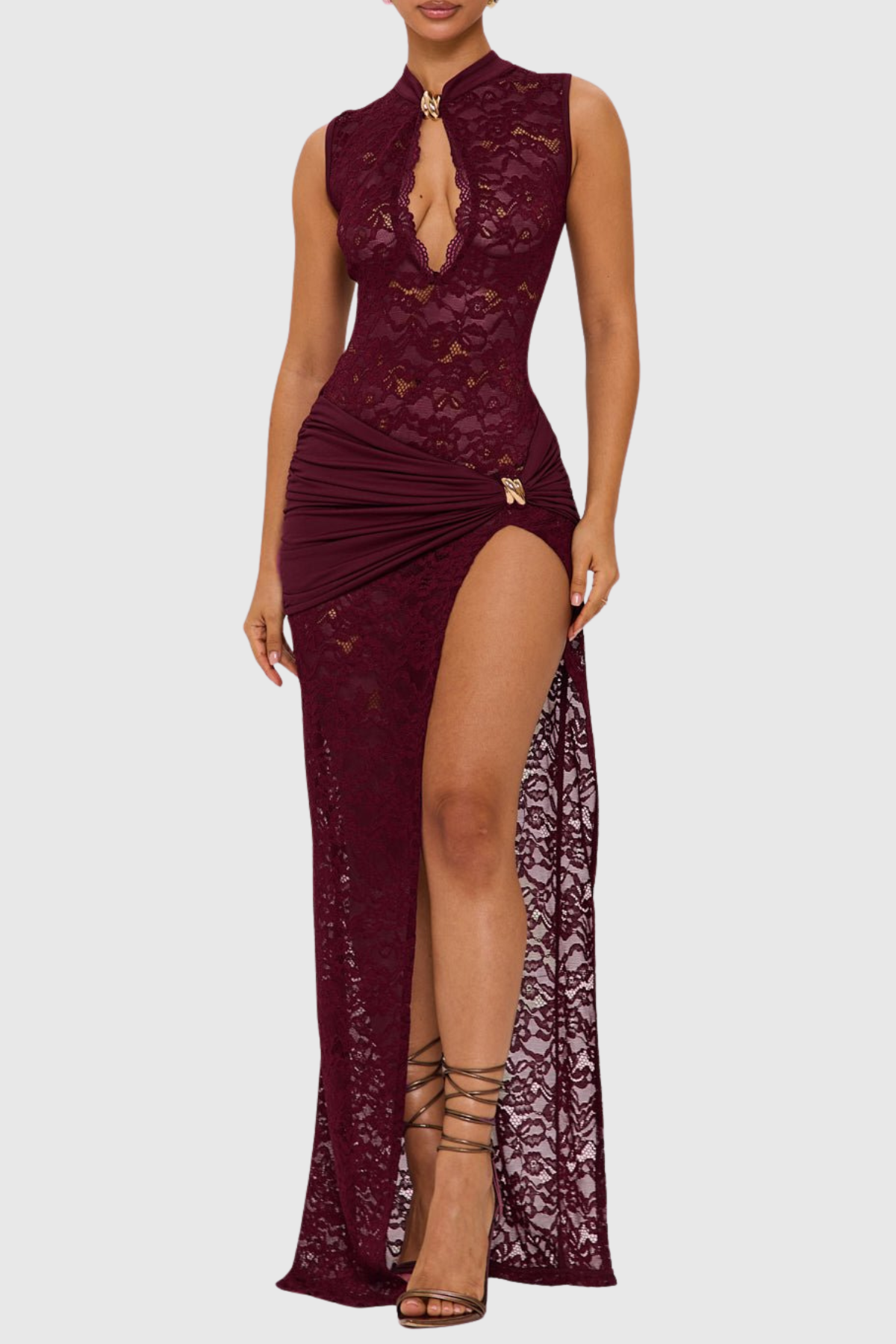 Pakana Lace Cutout Split Maxi Dress - Wine